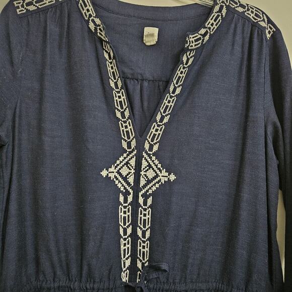 Gap Navy Blue Embroidered Mini Dress Sz M Drawstring Waist Pockets Lined - Picture 2 of 9